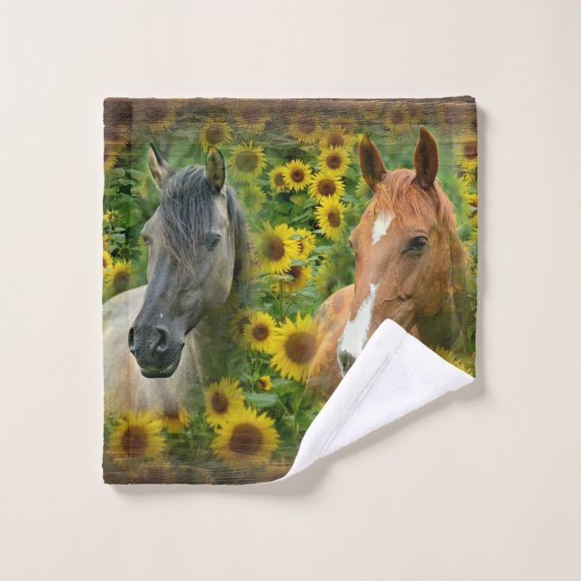 Beautiful Horses in Field of Sunflowers Wash Cloth (Wash Cloth)