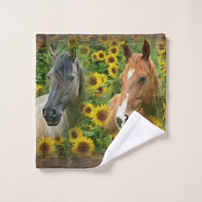 Beautiful Horses in Field of Sunflowers Wash Cloth (Wash Cloth)