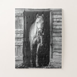 Beautiful Horses Rustic Barn B&W Oversized Jigsaw Puzzle
