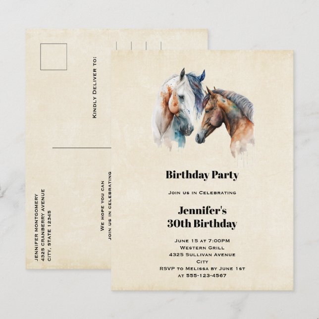 Beautiful Horses Western Boho Style Birthday Invitation Postcard (Front/Back)
