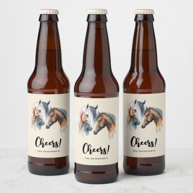 Beautiful Horses Western Boho Style Cheers! Beer Bottle Label (Bottles)