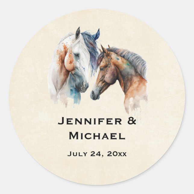 Beautiful Horses Western Boho Style Wedding Date Classic Round Sticker (Front)