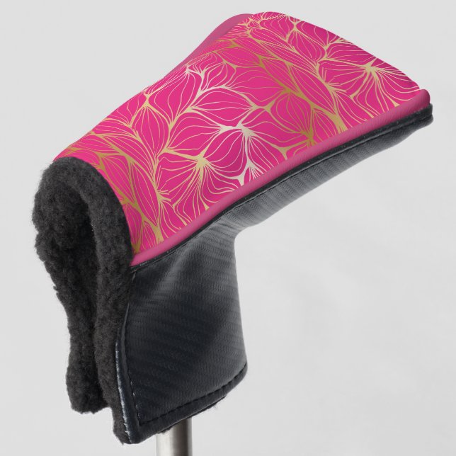 Beautiful,hot pink,faux gold,leaf,pattern,trendy,m golf head cover (3/4 Front)