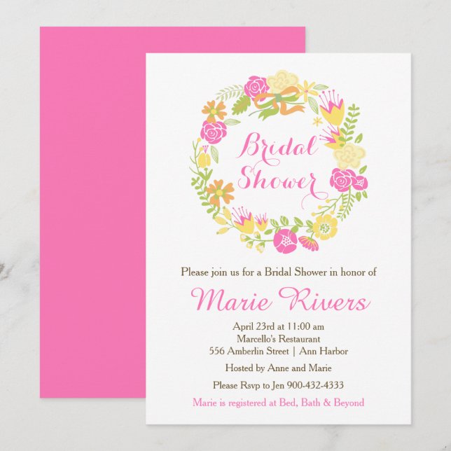 Beautiful Hot Pink Floral Wreath Bridal Shower Invitation (Front/Back)