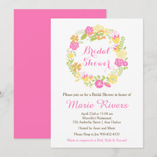 Beautiful Hot Pink Floral Wreath Bridal Shower Invitation