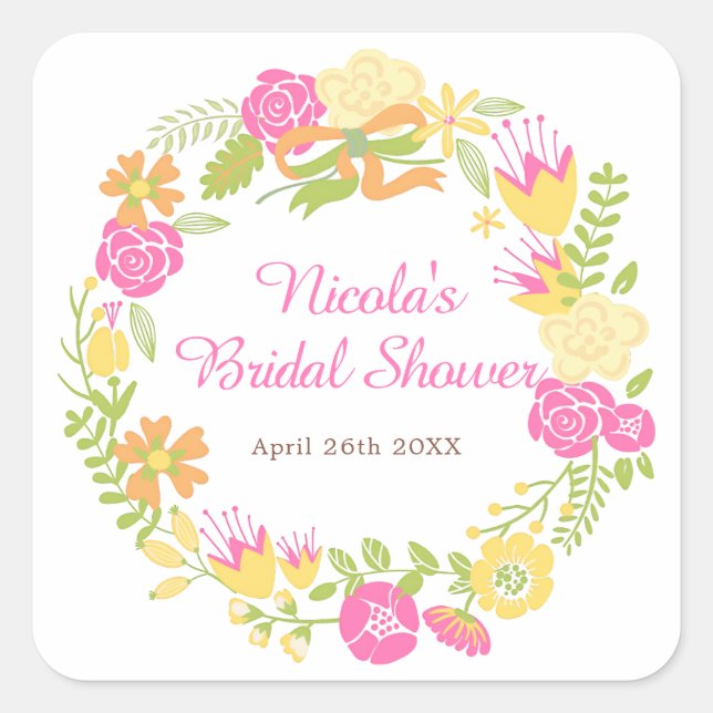 Beautiful Hot Pink Floral Wreath Bridal Shower Square Sticker (Front)