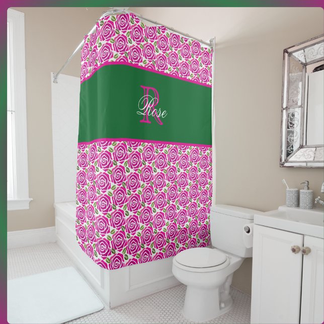 Beautiful Hot Pink Magenta Roses Name Monogram  Shower Curtain (Creator Uploaded)