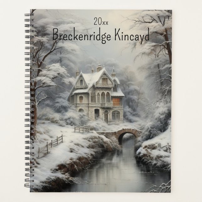 Beautiful House in Winter Scene, Change Name, Year Planner (Front)