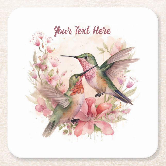 Beautiful Humming Birds with Flowers Square Paper Coaster (Front)