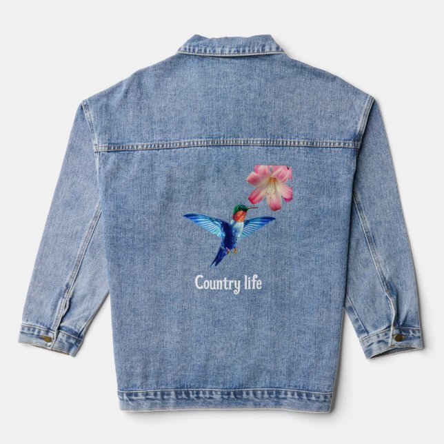 Beautiful Hummingbird and Flower Country Denim Jacket (Back)