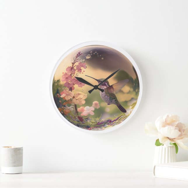 Beautiful Hummingbird Floral Bubble Haven Nature Large Clock (Home)