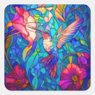 Beautiful Hummingbird Flower Garden Stained Glass  Square Sticker