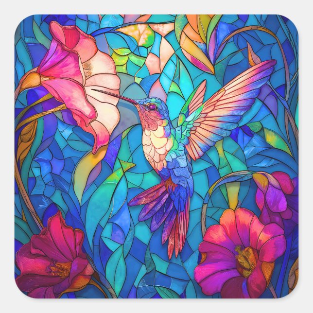 Beautiful Hummingbird Flower Garden Stained Glass  Square Sticker (Front)