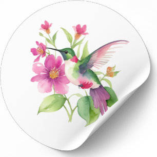Beautiful hummingbird flowers illustration classic round sticker