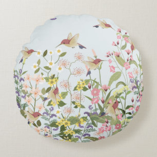 Beautiful hummingbird in sweet floral flower garde round cushion
