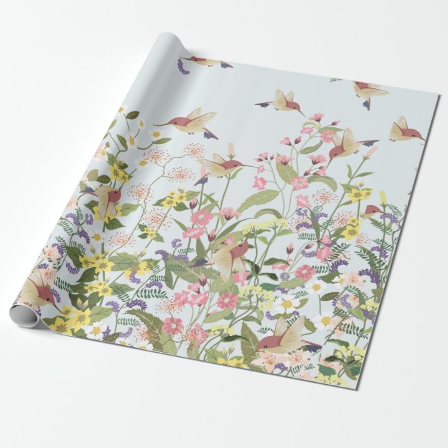 Beautiful hummingbird in sweet floral flower garde wrapping paper (Unrolled)