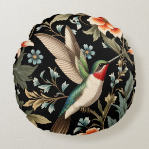 Beautiful Hummingbird on Dark Floral Background Round Cushion