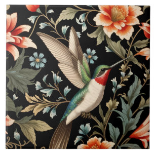 Beautiful Hummingbird on Dark Floral Background Tile