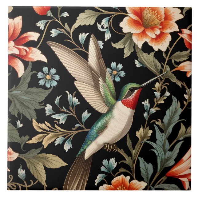 Beautiful Hummingbird on Dark Floral Background Tile (Front)