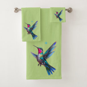 Beautiful Hummingbird on Lime Green Bath Towel Set