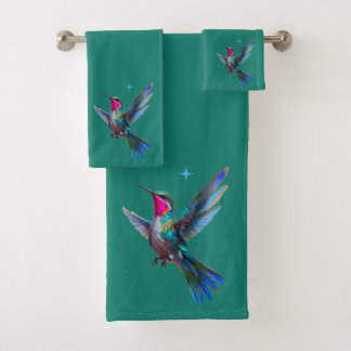 Beautiful Hummingbird on Teal Blue  Bath Towel Set