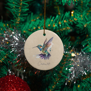 Beautiful Hummingbird Personalized Watercolor Ceramic Tree Decoration