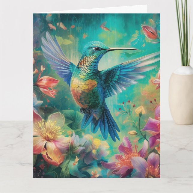 Beautiful Hummingbird Surrounded by Flowers Card (Front)