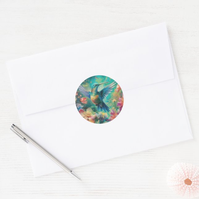 Beautiful Hummingbird Surrounded by Flowers Classic Round Sticker (Envelope)