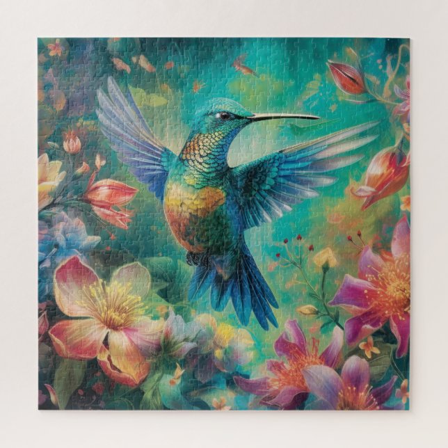 Beautiful Hummingbird Surrounded by Flowers Jigsaw Puzzle (Vertical)