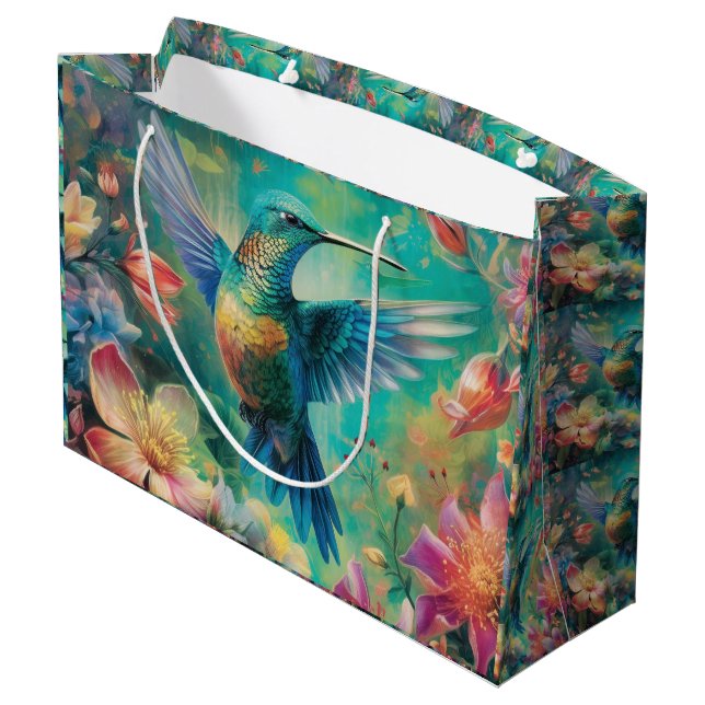 Beautiful Hummingbird Surrounded by Flowers Large Gift Bag (Back Angled)