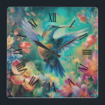 Beautiful Hummingbird Surrounded by Flowers Square Wall Clock<br><div class="desc">Surrounded by flowers,  a beautiful hummingbird with a Roman numeral face.</div>