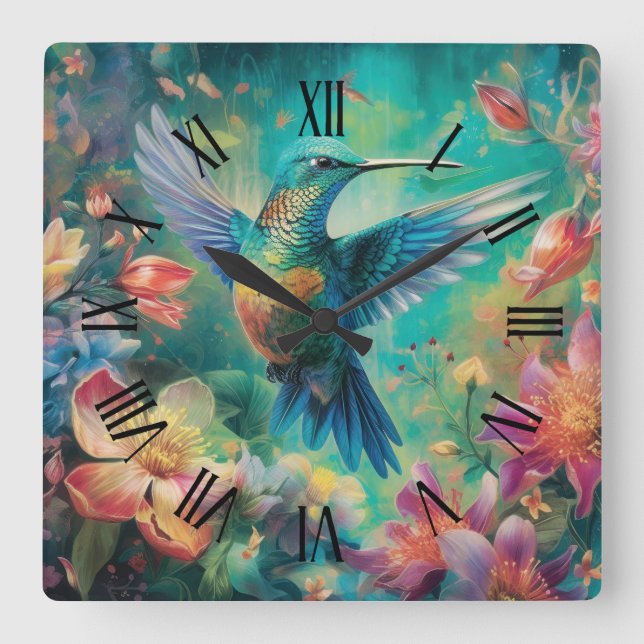 Beautiful Hummingbird Surrounded by Flowers Square Wall Clock (Front)
