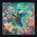 Beautiful Hummingbird Surrounded by Flowers Square Wall Clock<br><div class="desc">A beautiful hummingbird surrounded by tropical flowers with a white Roman numeral face.</div>