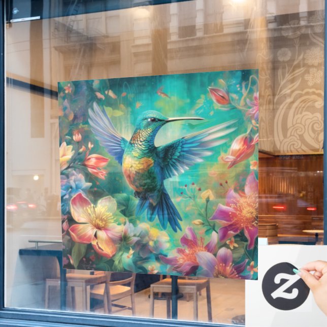 Beautiful Hummingbird Surrounded by Flowers Window Cling (Cafe Window)