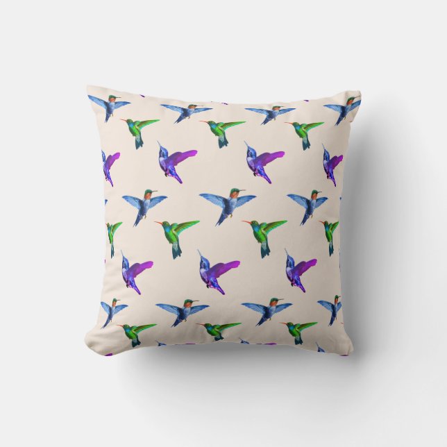 Beautiful Hummingbirds on Light Champagne Beige Cushion (Front)