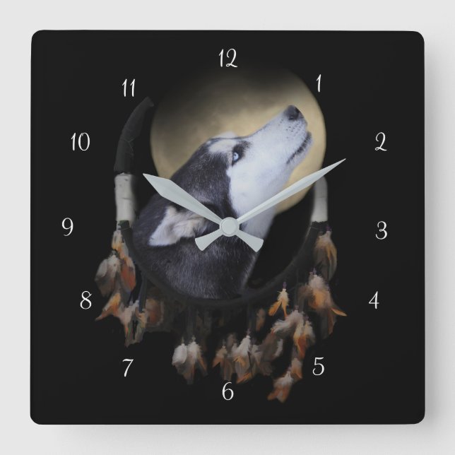 Beautiful Husky Dog and Dream Catcher Square Wall Clock (Front)