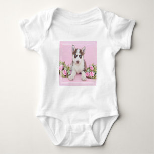 Beautiful Husky Puppy with Pink Roses Baby Bodysuit