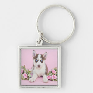 Beautiful Husky Puppy with Pink Roses Key Ring