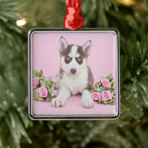 Beautiful Husky Puppy with Pink Roses Metal Tree Decoration