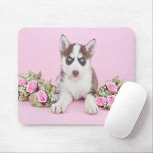 Beautiful Husky Puppy with Pink Roses Mouse Mat