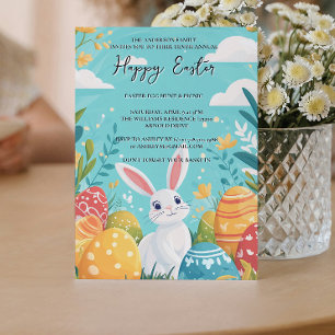 Beautiful Illustrated bunny and eggs Easter Invitation