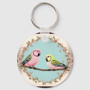Beautiful Illustrative Parrots Together on a Branc Key Ring