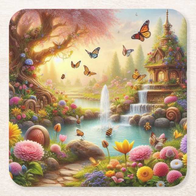 Beautiful Image of a Spring Flower Garden Square Paper Coaster (Front)