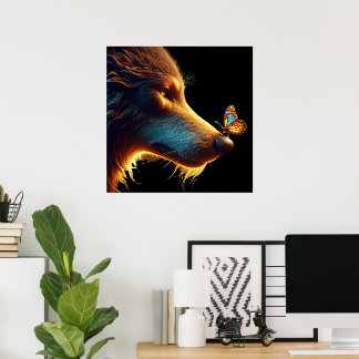 Beautiful image of Wolf and Butterfly backlit gold Poster