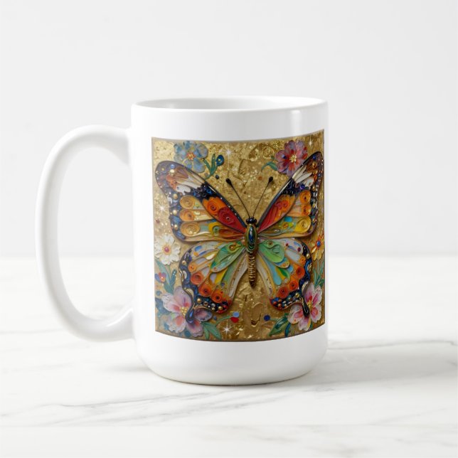 Beautiful Impasto Butterflies and Flowers Poem Coffee Mug (Left)