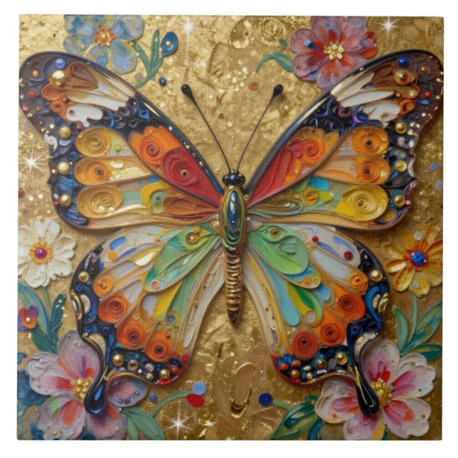 Beautiful Impasto Butterfly and Flowers   Tile (Front)