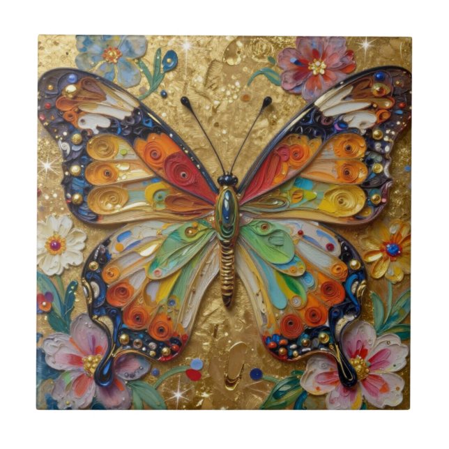 Beautiful Impasto Butterfly and Flowers   Tile (Front)