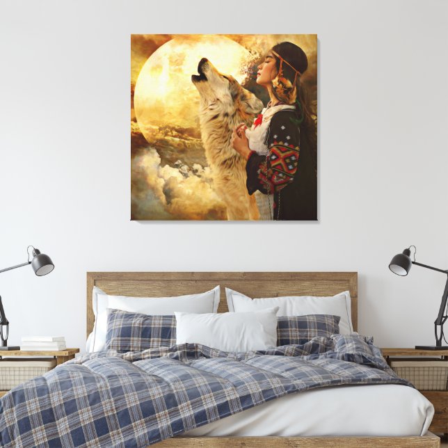 Beautiful Indian Women Wolf & Full Moon Painting Canvas Print (Insitu(Bedroom))