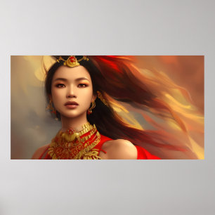Beautiful Indonesian Asian woman red gold Poster