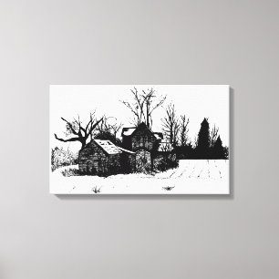 Beautiful Ink Drawing Farmstead Wrapped Canvas